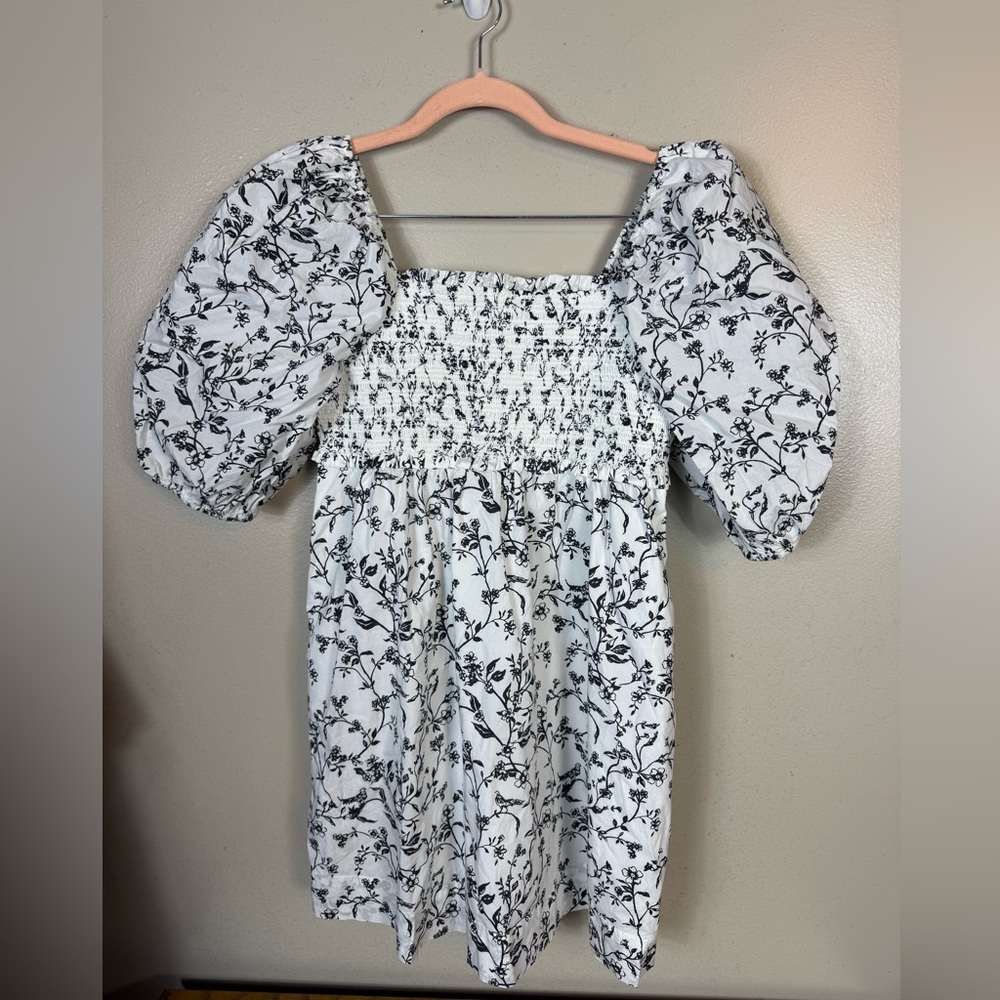 American Eagle Smock Puff Sleeve Mini Dress‎ Lined White Black Small Cottage
